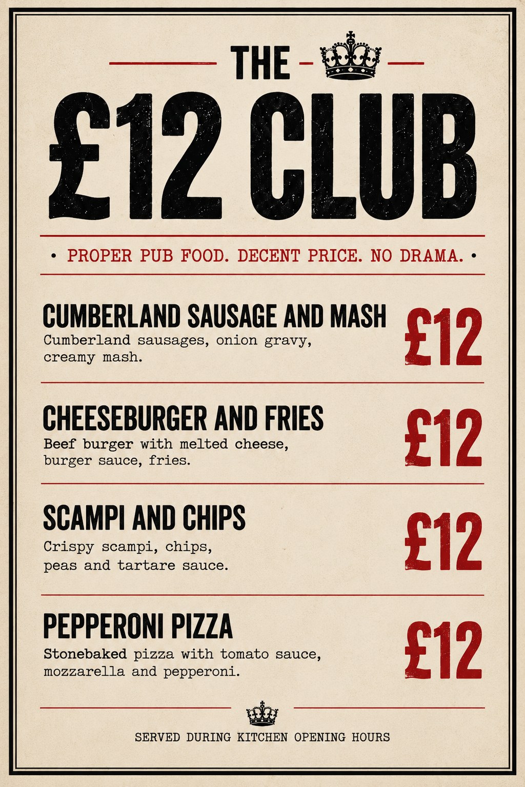 The £12 Club poster: Cumberland sausage and mash, cheeseburger and fries, scampi and chips and pepperoni pizza, all £12, served during kitchen opening hours